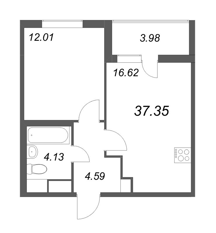 2-комнатная (Евро) квартира, 37.35 м² в ЖК "Ясно.Янино" - планировка, фото №1