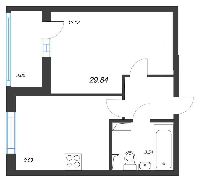 1-комнатная квартира, 29.84 м² - планировка, фото №1