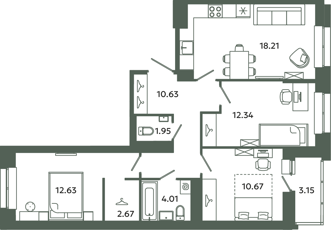 4-комнатная (Евро) квартира, 74.69 м² в ЖК "Загляденье" - планировка, фото №1