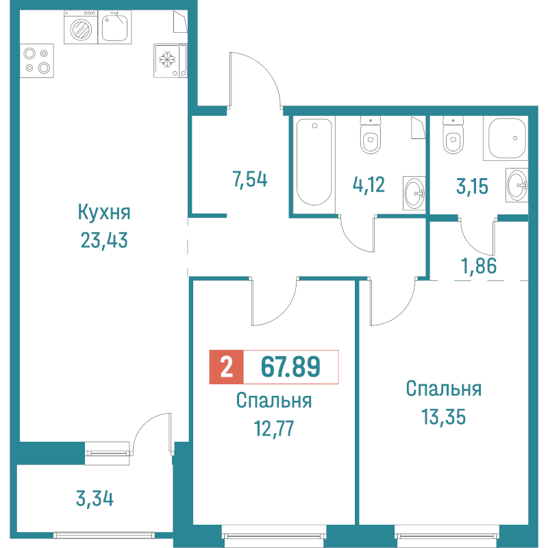 3-комнатная (Евро) квартира, 67.89 м² в ЖК "Графика" - планировка, фото №1