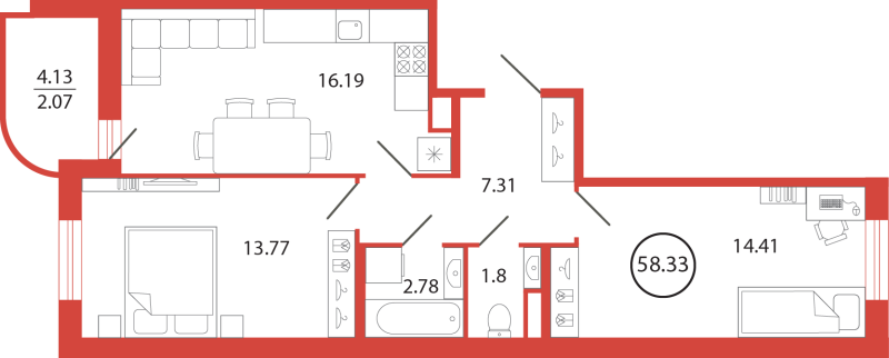3-комнатная (Евро) квартира, 58.33 м² в ЖК "Энфилд" - планировка, фото №1