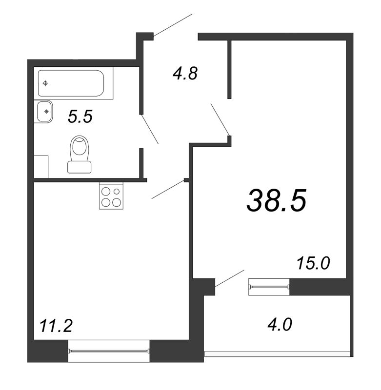 1-комнатная квартира, 38.6 м² в ЖК "Квартал Che" - планировка, фото №1