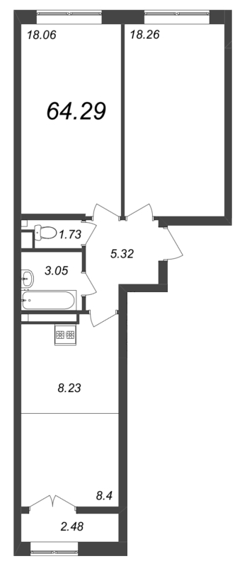 3-комнатная (Евро) квартира, 64.29 м² - планировка, фото №1