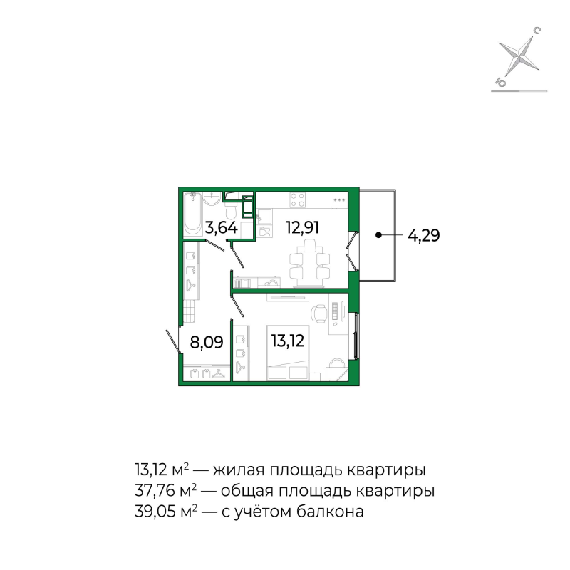 1-комнатная квартира, 37.4 м² в ЖК "Сертолово Парк" - планировка, фото №1