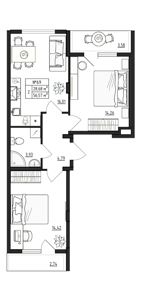 3-комнатная (Евро) квартира, 56.57 м² - планировка, фото №1