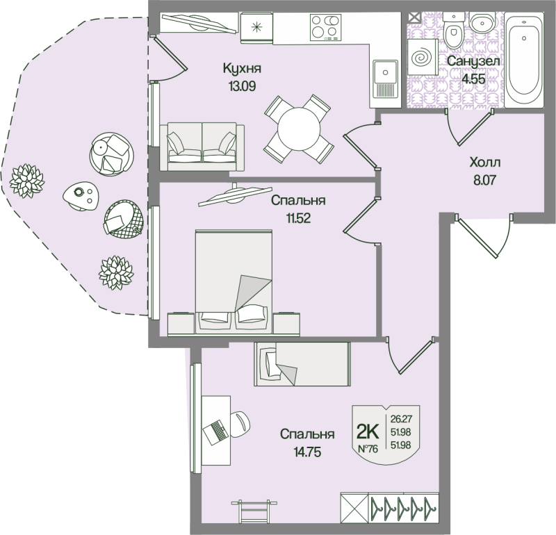 3-комнатная (Евро) квартира, 51.98 м² в ЖК "Охтинские высоты" - планировка, фото №1