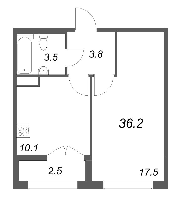 1-комнатная квартира, 36.2 м² - планировка, фото №1