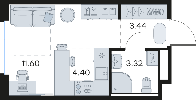 Квартира-студия, 22.76 м² в ЖК "GloraX Новоселье" - планировка, фото №1