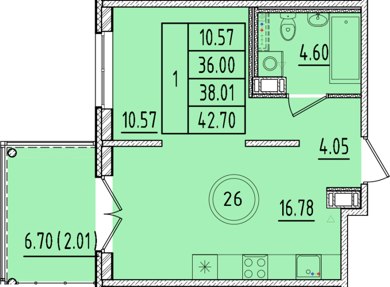 2-комнатная (Евро) квартира, 36 м² - планировка, фото №1