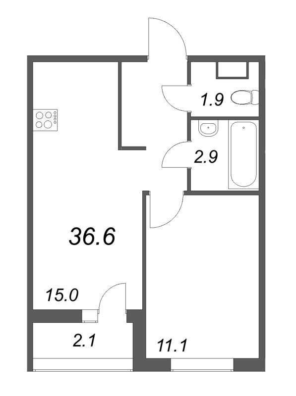 2-комнатная (Евро) квартира, 36.6 м² в ЖК "Дзета" - планировка, фото №1