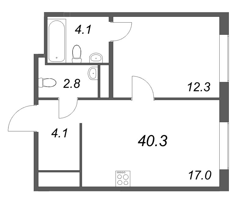 2-комнатная (Евро) квартира, 40.3 м² в ЖК "Передвижники" - планировка, фото №1
