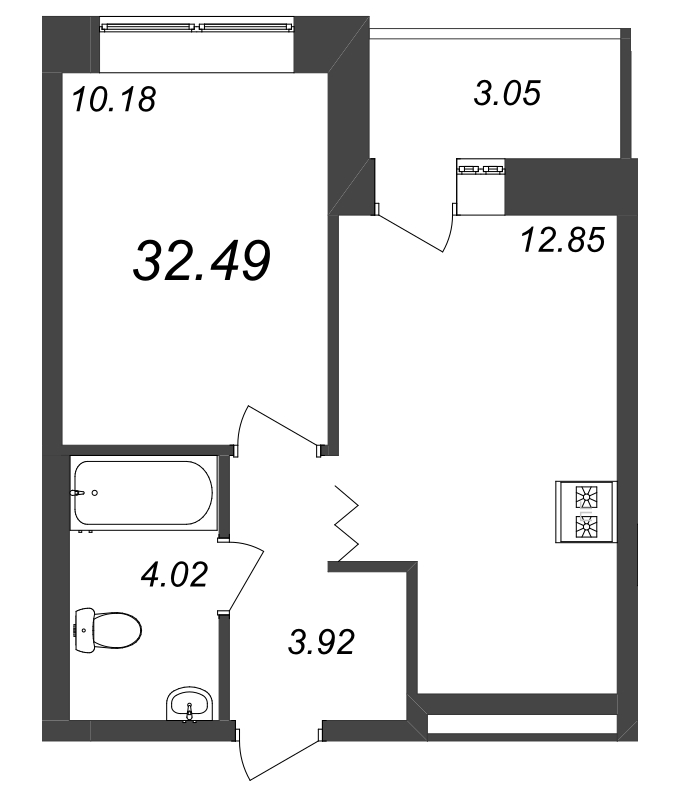 1-комнатная квартира, 32.49 м² - планировка, фото №1