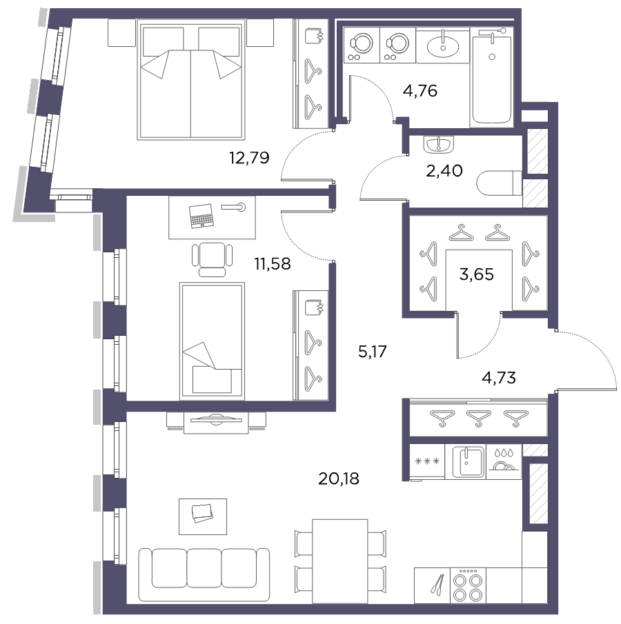 3-комнатная (Евро) квартира, 65.26 м² - планировка, фото №1