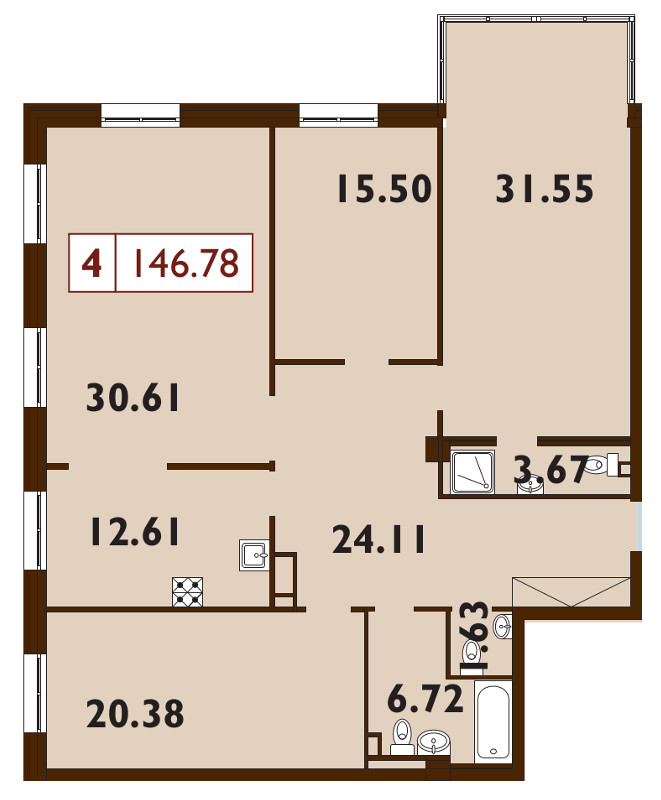 4-комнатная квартира, 146.2 м² - планировка, фото №1