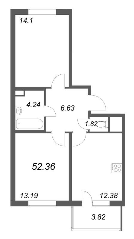 2-комнатная квартира, 52.36 м² в ЖК "ЮгТаун" - планировка, фото №1