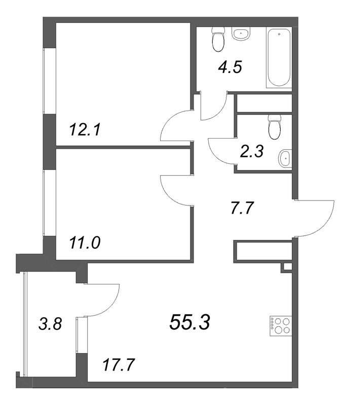 3-комнатная (Евро) квартира, 55.3 м² в ЖК "Передвижники" - планировка, фото №1