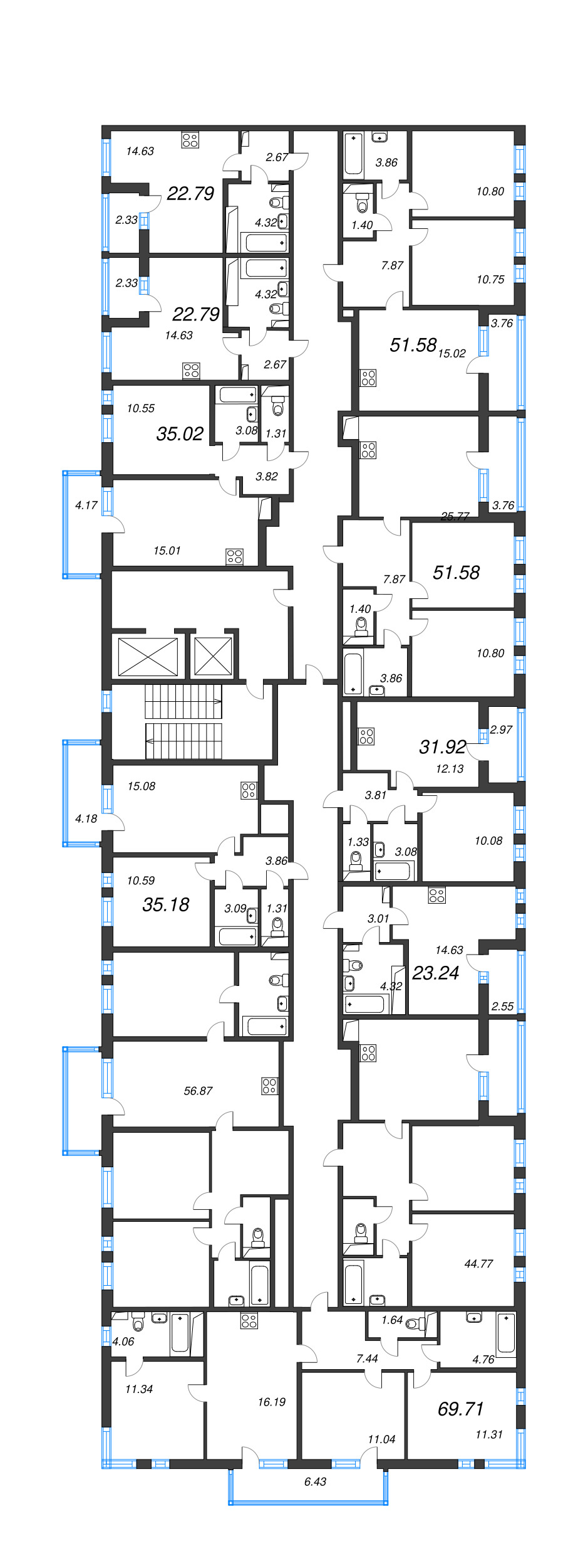 3-комнатная (Евро) квартира, 51.58 м² в ЖК "Аэросити" - планировка этажа