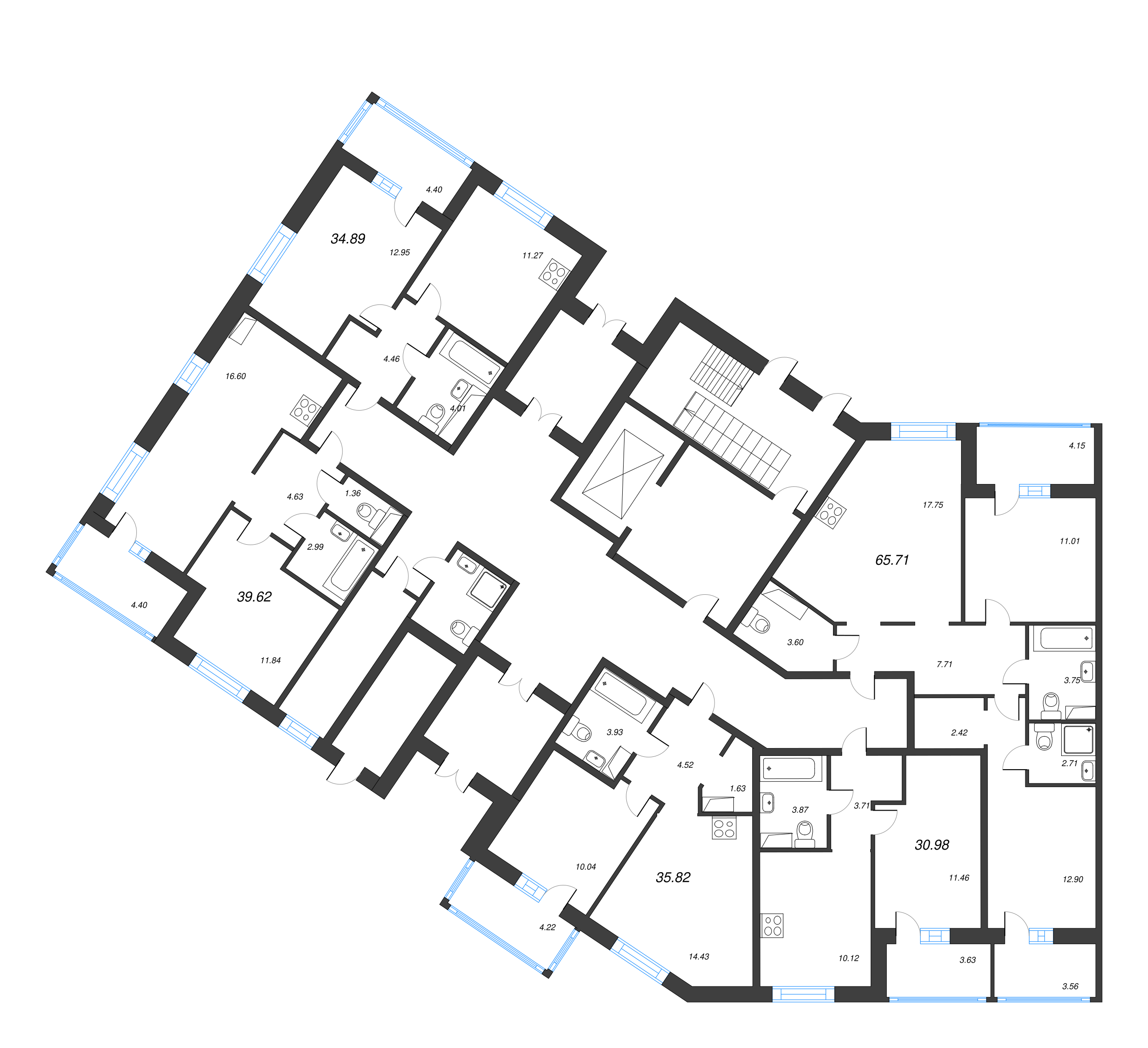 3-комнатная (Евро) квартира, 69.56 м² - планировка этажа