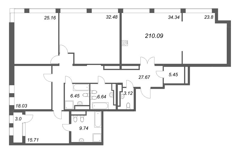 4-комнатная квартира, 210.09 м² - планировка, фото №1