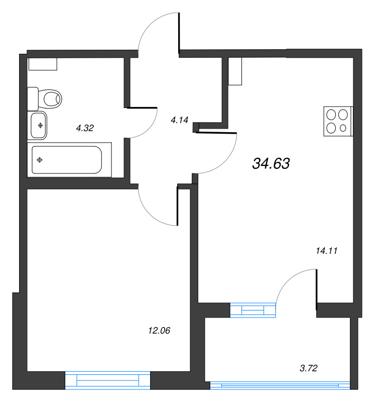 1-комнатная квартира, 34.63 м² в ЖК "ПАТИО. Уютный квартал" - планировка, фото №1