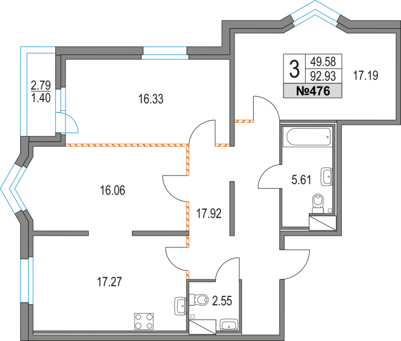 3-комнатная квартира, 92.93 м² в ЖК "Приморский квартал" - планировка, фото №1