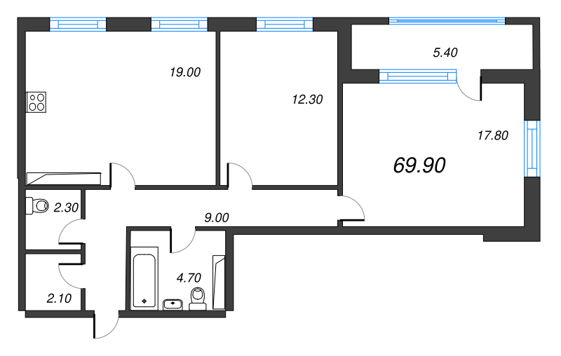 3-комнатная (Евро) квартира, 69.9 м² - планировка, фото №1