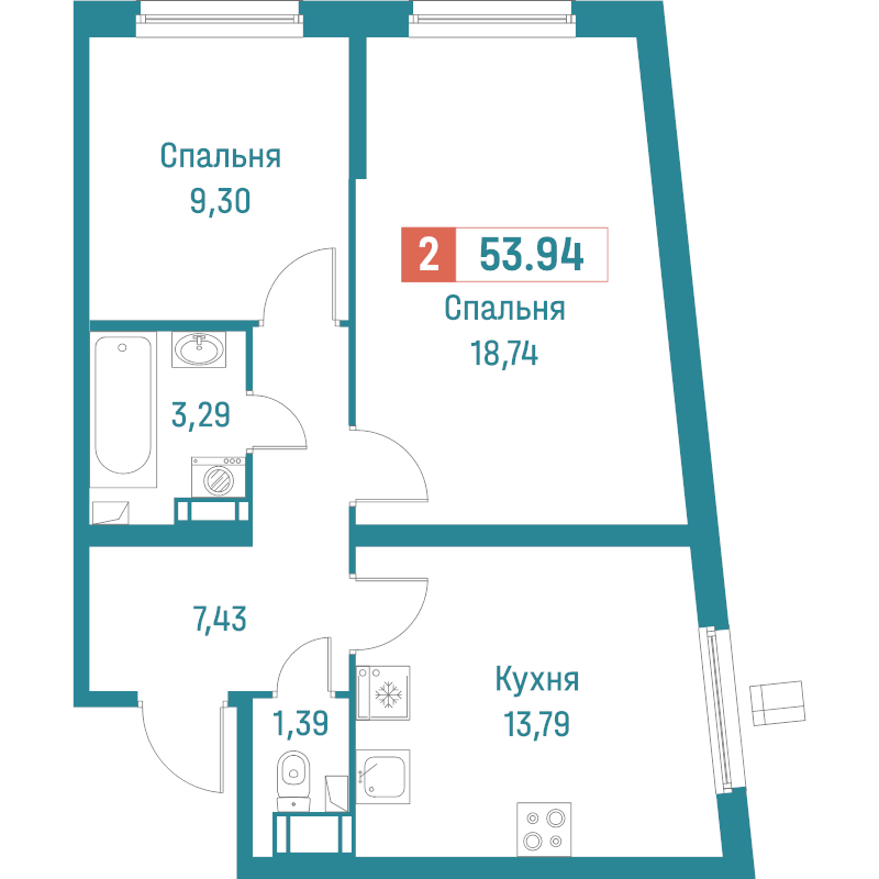 2-комнатная квартира, 53.94 м² в ЖК "Графика" - планировка, фото №1