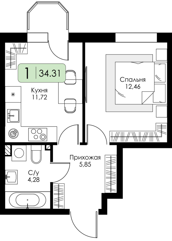 1-комнатная квартира, 34.31 м² в ЖК "Всевгород" - планировка, фото №1