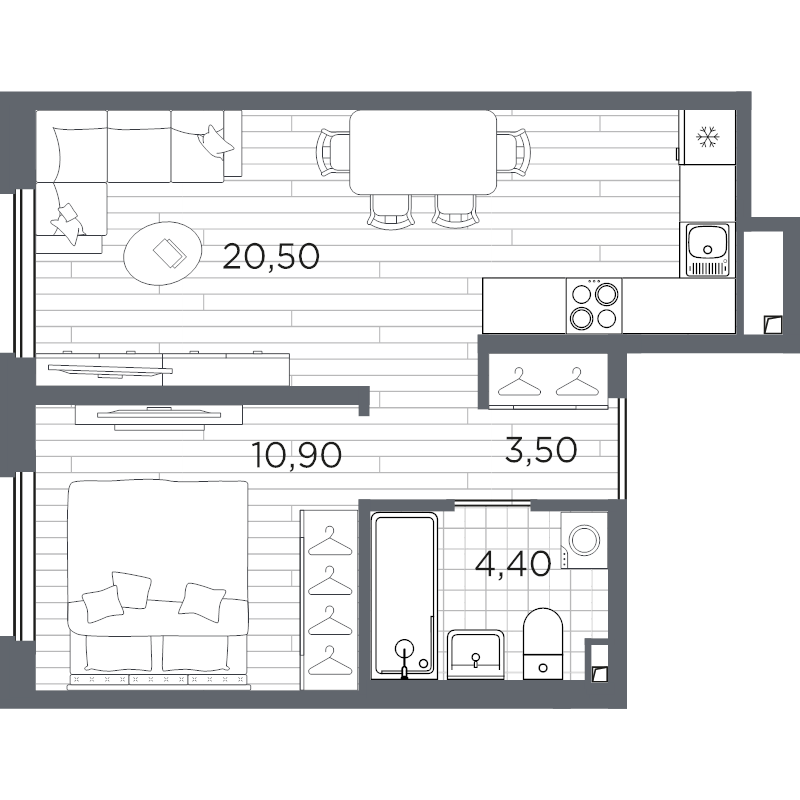 2-комнатная (Евро) квартира, 39.3 м² в ЖК "PLUS Пулковский" - планировка, фото №1