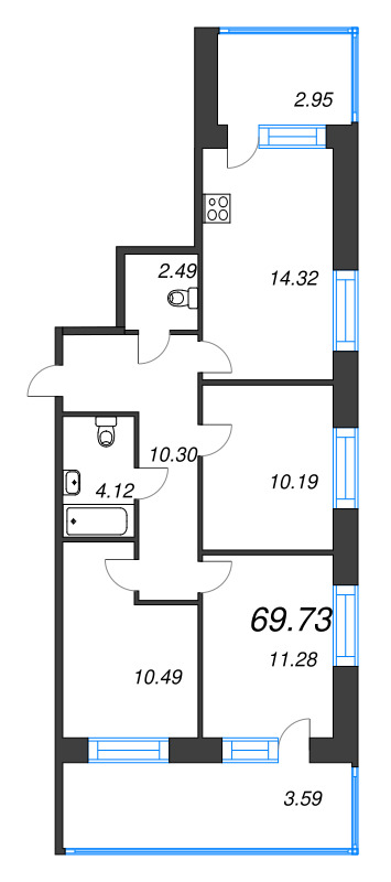 3-комнатная квартира, 69.73 м² в ЖК "Капральский берег" - планировка, фото №1