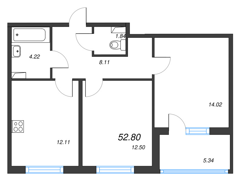 2-комнатная квартира, 52.8 м² в ЖК "Любоград" - планировка, фото №1