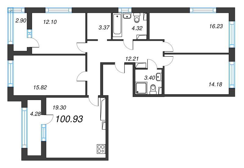 5-комнатная (Евро) квартира, 100.93 м² в ЖК "Б15" - планировка, фото №1