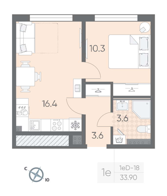 2-комнатная (Евро) квартира, 33.9 м² в ЖК "Пулково Lake" - планировка, фото №1