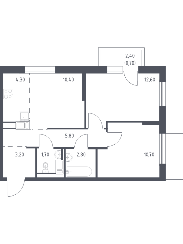 2-комнатная квартира, 52.2 м² - планировка, фото №1