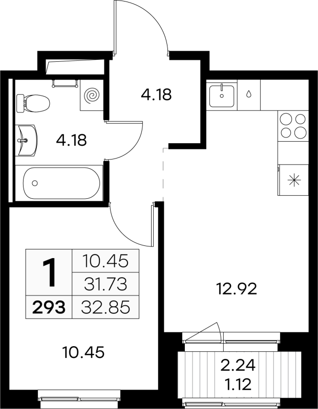 1-комнатная квартира, 32.85 м² в ЖК "GloraX Новоселье" - планировка, фото №1