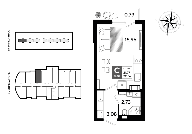 Квартира-студия, 22.56 м² - планировка, фото №1