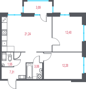 3-комнатная (Евро) квартира, 59.09 м² - планировка, фото №1