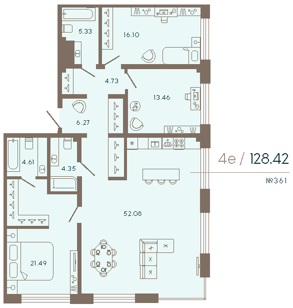 4-комнатная (Евро) квартира, 128.42 м² - планировка, фото №1