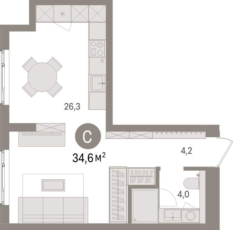 Квартира-студия, 34.6 м² в ЖК "Брусника в Новоселье" - планировка, фото №1