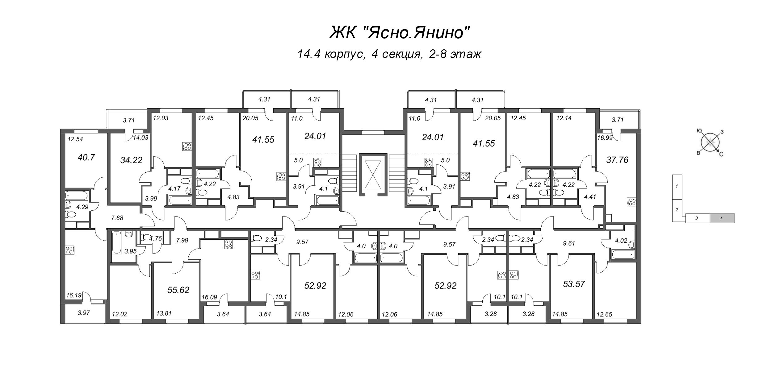2-комнатная (Евро) квартира, 37.76 м² - планировка этажа