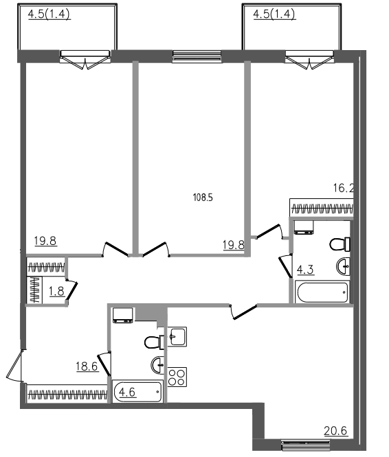 4-комнатная (Евро) квартира, 108.5 м² в ЖК "Upoint" - планировка, фото №1