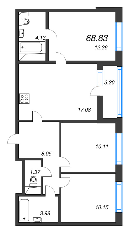 4-комнатная (Евро) квартира, 68.83 м² - планировка, фото №1