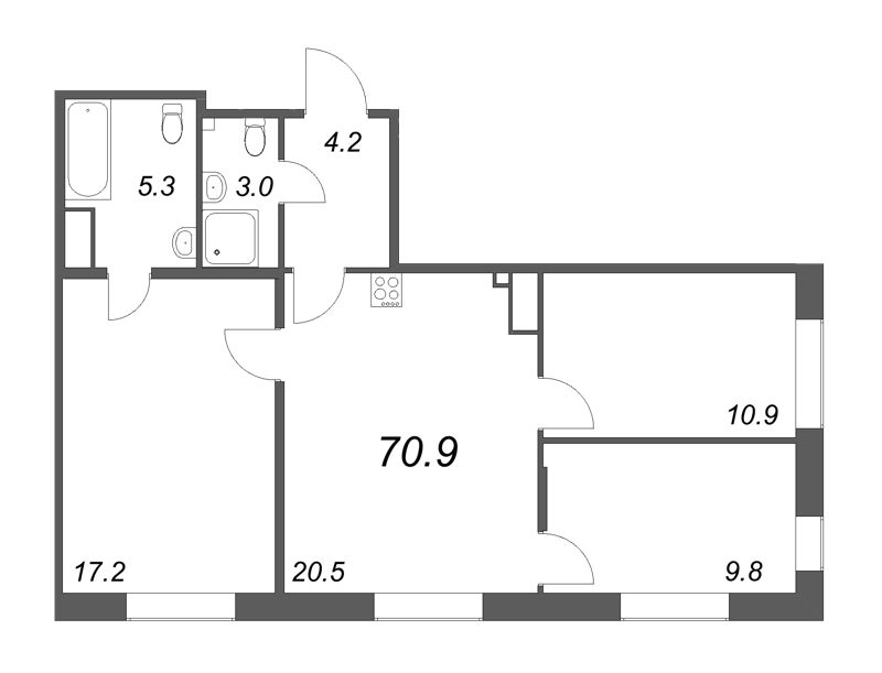 4-комнатная (Евро) квартира, 70.9 м² в ЖК "Парусная 1" - планировка, фото №1