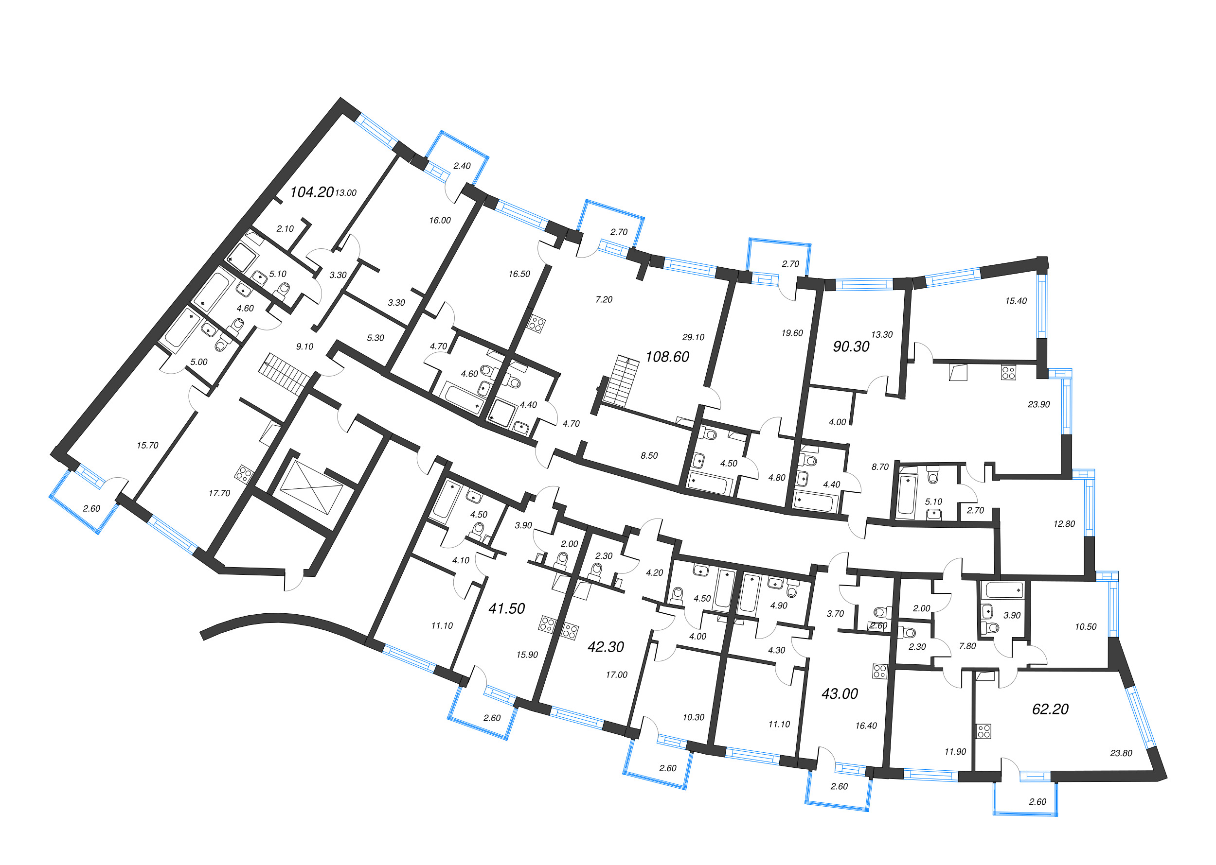 2-комнатная (Евро) квартира, 43 м² в ЖК "Цвет Зеленогорска" - планировка этажа