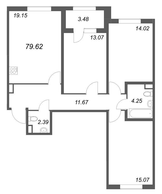 4-комнатная (Евро) квартира, 79.62 м² в ЖК "Дубровский" - планировка, фото №1
