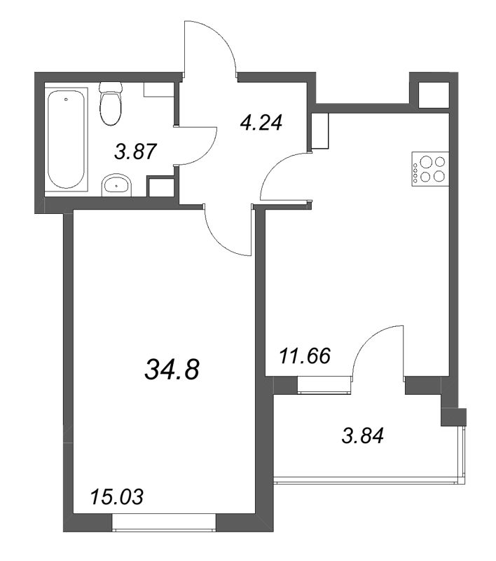 1-комнатная квартира, 34.8 м² в ЖК "Любоград" - планировка, фото №1