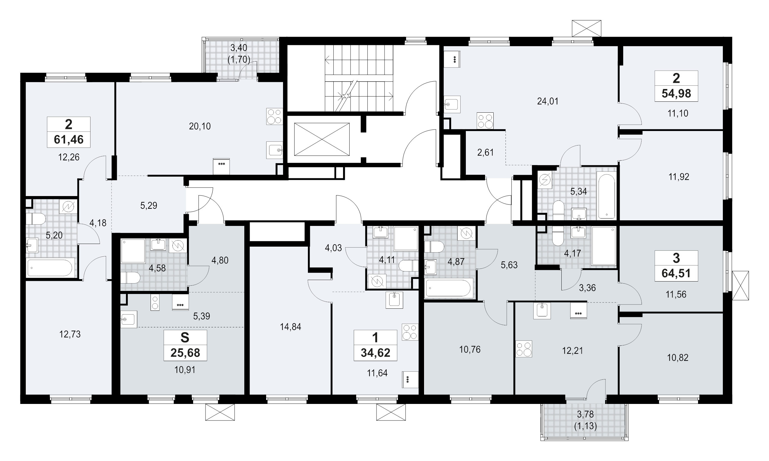 3-комнатная квартира, 64.51 м² - планировка этажа