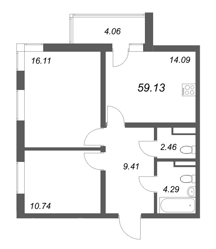 2-комнатная квартира, 59.13 м² - планировка, фото №1