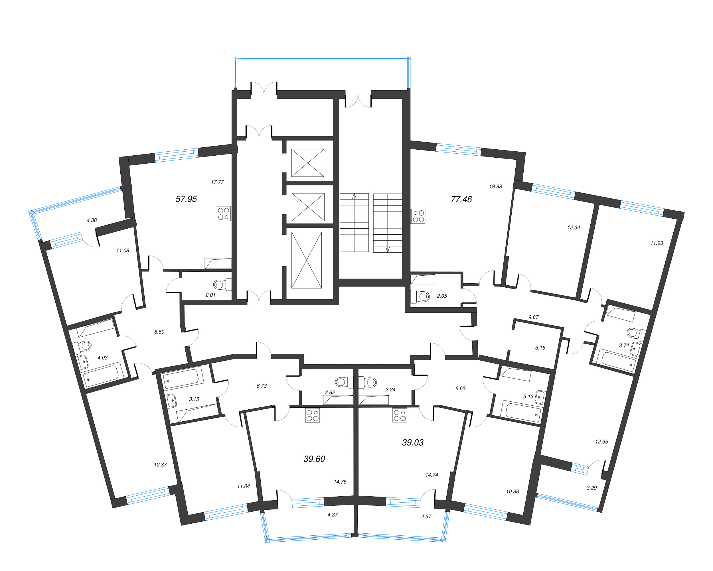 2-комнатная (Евро) квартира, 39.03 м² в ЖК "Дом Левитан" - планировка этажа