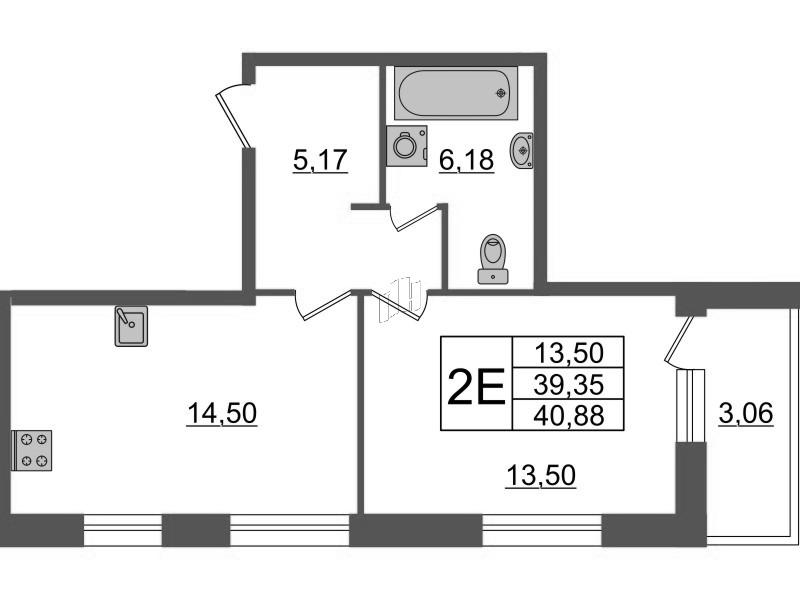 1-комнатная квартира, 40.88 м² - планировка, фото №1